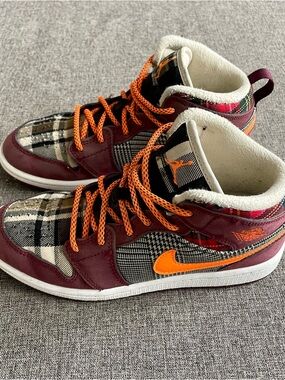 Nike Air Jordan Kids Maroon Plaid High-Top Sneakers with Orange Accents